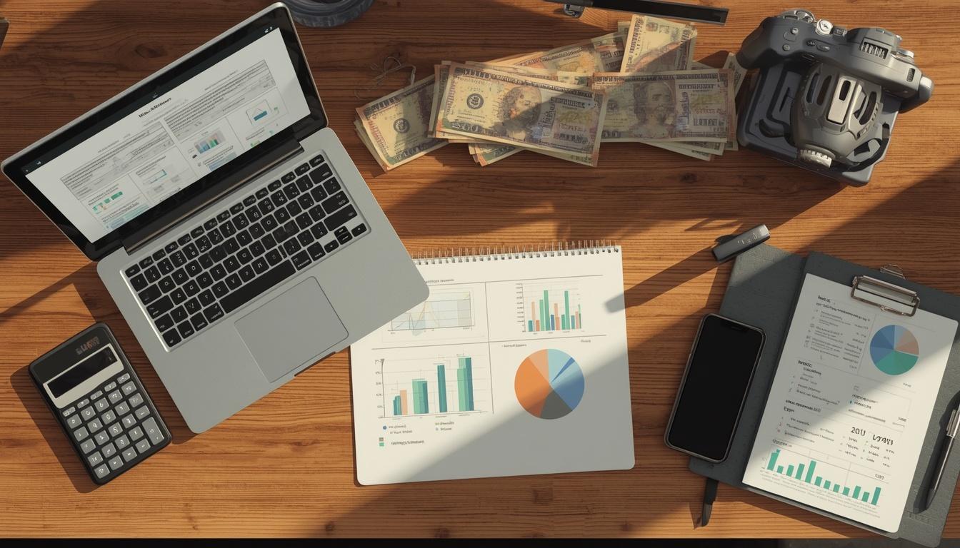 Website cost planning with pricing documents calculator laptop and business notes