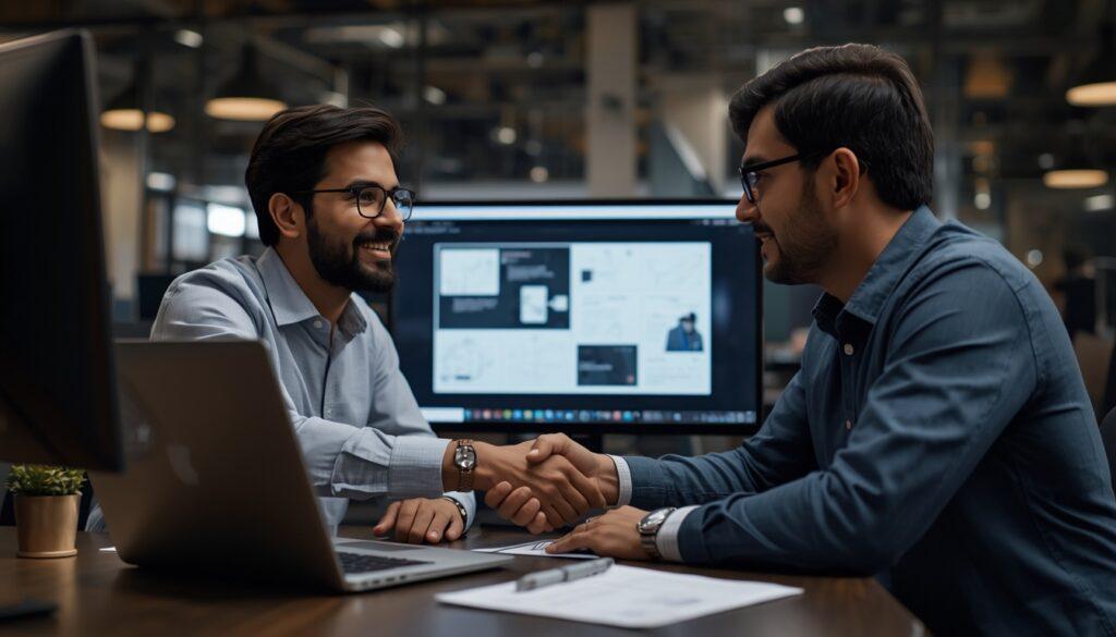 Business owner discussing website cost with a professional web developer